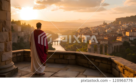 Man in Historical Robes Overlooking a Scenic River Valley at Sunset 128968776