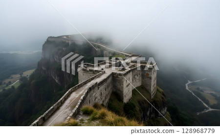 Foggy Mountain Fortress with Ancient Stone Walls and Serene Landscape Background 128968779