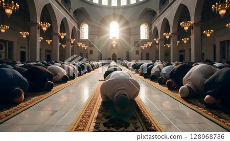 Group of People Engaged in Worship Inside a Mosque with Natural Light Streaming Through Windows 128968786