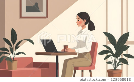Young Woman Working on Laptop in Cozy Indoor Setting with Plants and Modern Decor 128968918