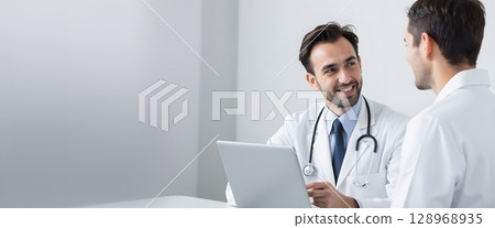 Male Doctor Consults Patient in Modern Medical Office with Laptop and Friendly Expression 128968935