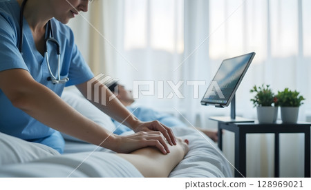 Nurse Providing Therapeutic Massage to Patient in Modern Healthcare Environment with Technology Nurse Providing Therapeutic Massage to Patient in Modern Healthcare Environment with Technology 128969021