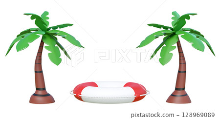 3D render of two cartoon-style palm trees framing a red and white lifebuoy. Ideal for summer vacation, tropical holidays, beach safety, and travel concepts. 3D render of two cartoon-style palm trees framing a red and white lifebuoy. Ideal for summer vacation, tropical holidays, beach safety, and travel concepts. 128969089