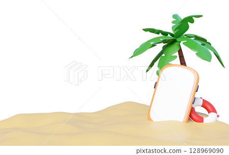3D render of a tropical beach scene with a palm tree, a blank smartphone for copy space, and a lifebuoy on sandy ground. Ideal for summer, holiday, and travel themes. 3D render of a tropical beach scene with a palm tree, a blank smartphone for copy space, and a lifebuoy on sandy ground. Ideal for summer, holiday, and travel themes. 128969090