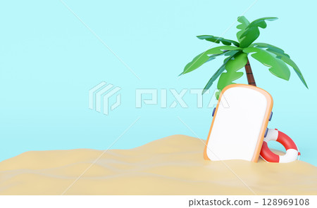 3D render of a tropical beach scene with a palm tree, a blank smartphone for copy space, and a lifebuoy on sandy ground under a clear blue sky. Ideal for summer, holiday, and travel themes. 128969108