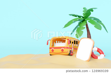 3D render of a cute yellow bus, a palm tree, a blank smartphone, and a life buoy on a sandy beach. Concept of summer travel, vacation planning, mobile apps for holidays, or tropical adventures. 3D render of a cute yellow bus, a palm tree, a blank smartphone, and a life buoy on a sandy beach. Concept of summer travel, vacation planning, mobile apps for holidays, or tropical adventures. 128969109