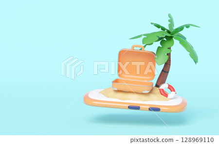 3D render of a mobile phone resembling a floating island with a palm tree, open suitcase, and lifebuoy, symbolizing online travel booking and summer vacation on a light blue background. 3D render of a mobile phone resembling a floating island with a palm tree, open suitcase, and lifebuoy, symbolizing online travel booking and summer vacation on a light blue background. 128969110