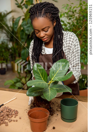 Cute african american florist planting flowers in the flower shop 128969151