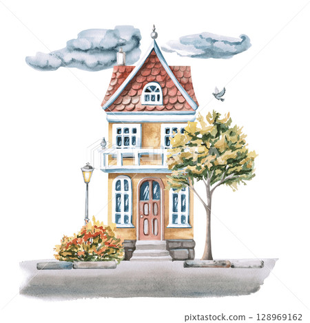 Two-storey yellow city house surrounded by autumn trees. Isolated watercolor illustration for design of tourist brochures, interior, seasonal menu, printing on posters and postcards. Two-storey yellow city house surrounded by autumn trees. Isolated watercolor illustration for design of tourist brochures, interior, seasonal menu, printing on posters and postcards. 128969162