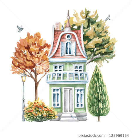 Urban green house with a balcony, attic and autumn trees. Isolated watercolor illustration for the design of printed products of architectural bureaus, guidebooks, postcards, children's products. 128969164
