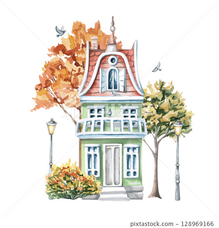 Urban two-story green house with balconies and autumn trees. Isolated watercolor illustration for the design of printed products of architectural bureaus, guidebooks, postcards, children's products. 128969166