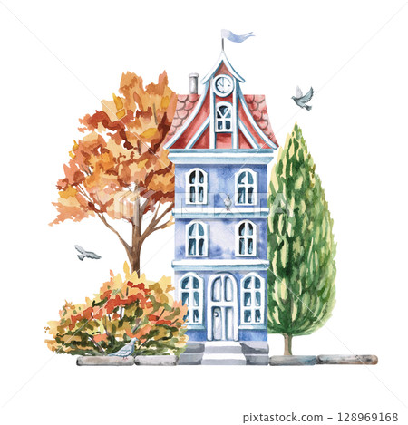 City three-storey blue house with an attic and autumn trees. Isolated watercolor illustration for the design of printed products of architectural bureaus, guidebooks, postcards, children's products. 128969168