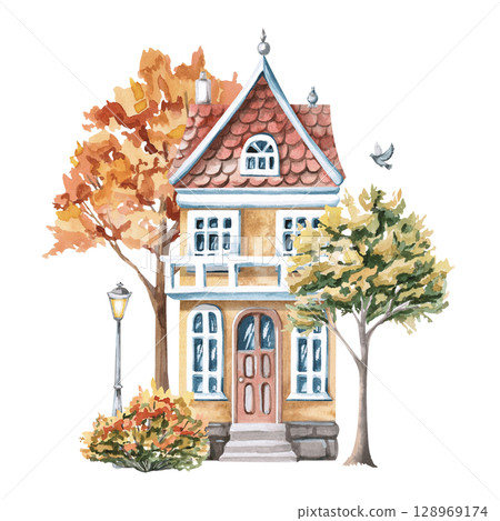 Urban yellow house with autumn trees and pigeons. Isolated watercolor illustration of buildings for design of printed products of architectural bureaus, guidebooks, postcards, children's products. 128969174