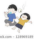 Illustration of a boy eating ice cream and a girl sprawled out in the heat 128969189