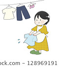 Illustration of a woman hanging laundry 128969191