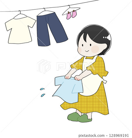 Illustration of a woman hanging laundry 128969191