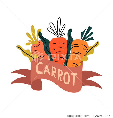 Bright and playful postcard with cute cartoon carrot and ribbon. Perfect for farm market, kid print, packaging. Flat minimal style, vector illustration. 128969287