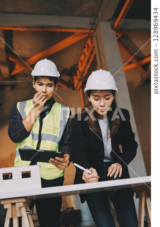 Construction manager and engineer dressed in orange work vests and hard helmets explore construction documentation on the building site near the steel frames 128969434