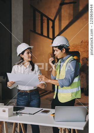 Construction manager and engineer dressed in orange work vests and hard helmets explore construction documentation on the building site near the steel frames Construction manager and engineer dressed in orange work vests and hard helmets explore construction documentation on the building site near the steel frames 128969444