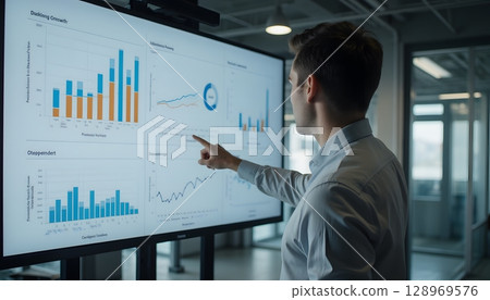 Business Professional Analyzing Data on Touchscreen Display in Modern Office Environment Business Professional Analyzing Data on Touchscreen Display in Modern Office Environment 128969576