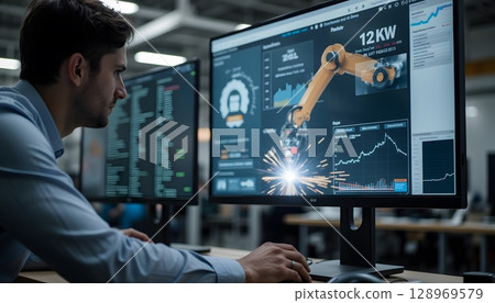 Engineer Analyzing Data with Robotic Arm Display in High-Tech Manufacturing Environment 128969579