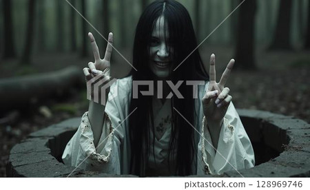 An evil spirit crawling out of a well making a peace sign An evil spirit crawling out of a well making a peace sign 128969746