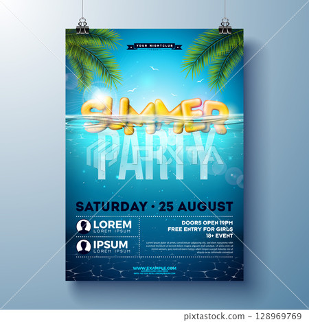 Pool Party Summer Banner Design Template with Beach Ball and Text Label on Blue Underwater Ocean Background. Vector Summer Music and Dance Celebration Holiday Illustration with Tropical Palm Leaves 128969769