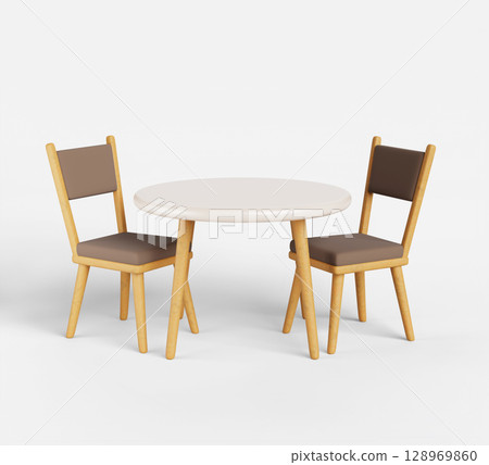 Kitchen round table with chairs 3d render set. Dining desk with white countertop and soft seats with wooden legs. Isolated restaurant, home, cafe furniture, modern wood interior decor. 3D illustration 128969860