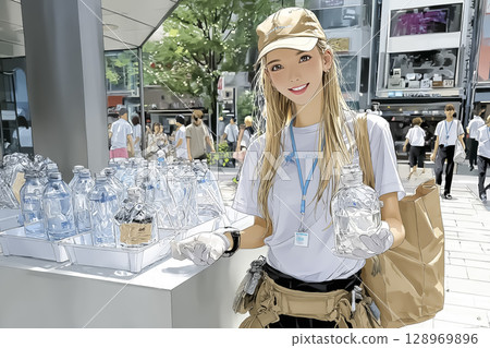 Illustration of a young woman distributing bottled water for free on a street corner in summer | Heat stroke prevention, station front, awareness event 128969896