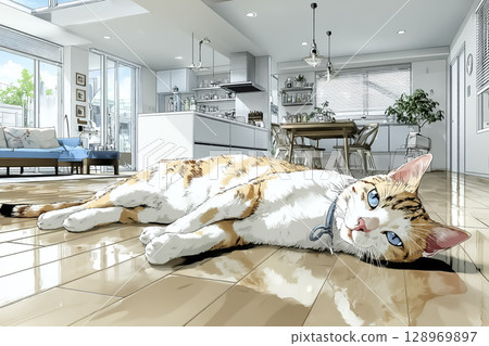 小心中暑!貓咪被熱得精疲力盡的插畫 小心中暑!貓咪被熱得精疲力盡的插畫 128969897