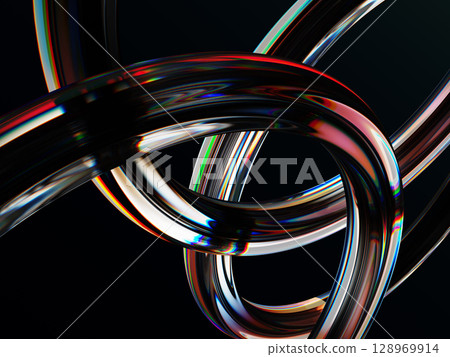 Abstract black 3d background wallpaper with liquid glass chromatic wave lines render. Fluid flow curve shape with rainbow caustic effect, neon light hologram gradient. Digital tech bg. 3D illustration Abstract black 3d background wallpaper with liquid glass chromatic wave lines render. Fluid flow curve shape with rainbow caustic effect, neon light hologram gradient. Digital tech bg. 3D illustration 128969914