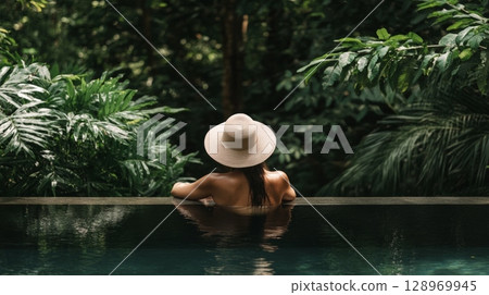 Young woman with straw hat enjoying luxury travel destination in tropical resort, relaxing in infinity pool surrounded by lush jungle vegetation during summer holiday Young woman with straw hat enjoying luxury travel destination in tropical resort, relaxing in infinity pool surrounded by lush jungle vegetation during summer holiday 128969945