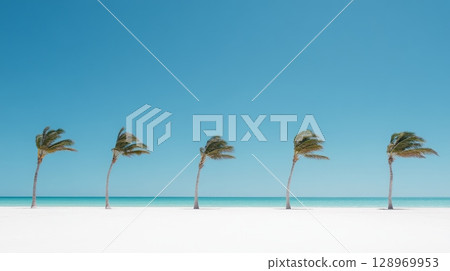 Five palm trees swaying in the wind on a beautiful white sand beach with turquoise water under a clear blue sky create a perfect tropical paradise 128969953