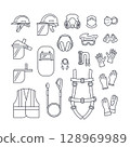 Editable line icons of personal protective equipment used in construction, industrial, or hazardous work. Safety helmet, face shield, dust mask, safety glasses, earmuffs, safety harness, work gloves Editable line icons of personal protective equipment used in construction, industrial, or hazardous work. Safety helmet, face shield, dust mask, safety glasses, earmuffs, safety harness, work gloves 128969989