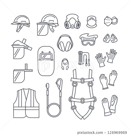 Editable line icons of personal protective equipment used in construction, industrial, or hazardous work. Safety helmet, face shield, dust mask, safety glasses, earmuffs, safety harness, work gloves 128969989