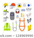 Simple flat icons of personal protective equipment used in construction, industrial, or hazardous work. Safety helmet, face shield, dust mask, safety glasses, earmuffs, safety harness, work gloves Simple flat icons of personal protective equipment used in construction, industrial, or hazardous work. Safety helmet, face shield, dust mask, safety glasses, earmuffs, safety harness, work gloves 128969990