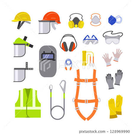 Simple flat icons of personal protective equipment used in construction, industrial, or hazardous work. Safety helmet, face shield, dust mask, safety glasses, earmuffs, safety harness, work gloves Simple flat icons of personal protective equipment used in construction, industrial, or hazardous work. Safety helmet, face shield, dust mask, safety glasses, earmuffs, safety harness, work gloves 128969990