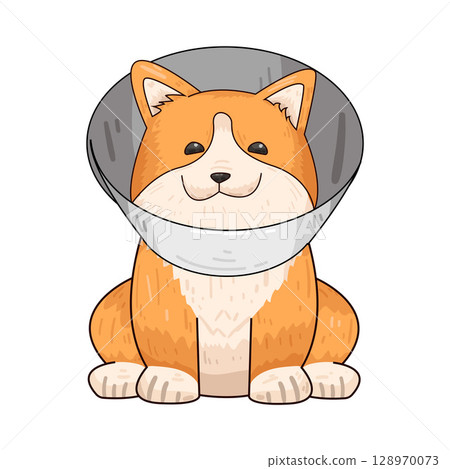 illustration of dog with neck cone 128970073