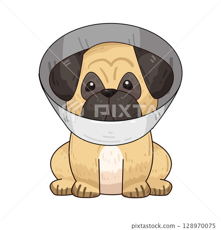 illustration of dog with neck cone 128970075