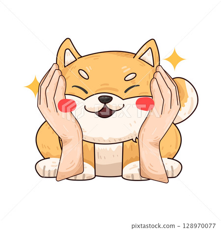 illustration of hand holding dog face 128970077