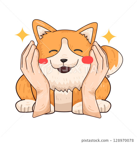 illustration of hand holding dog face 128970078