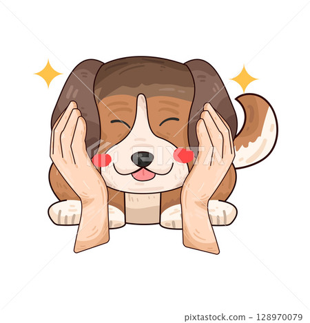 illustration of hand holding dog face 128970079