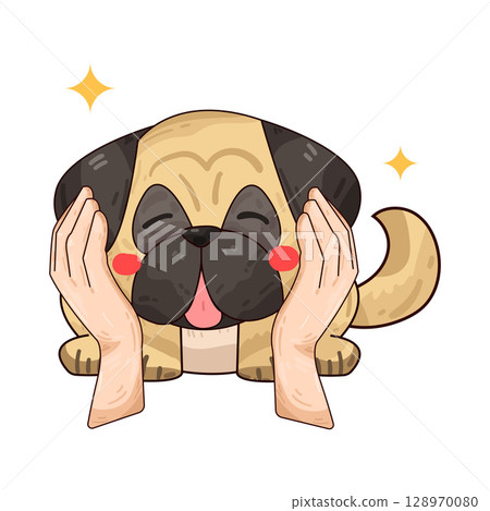 illustration of hand holding dog face 128970080