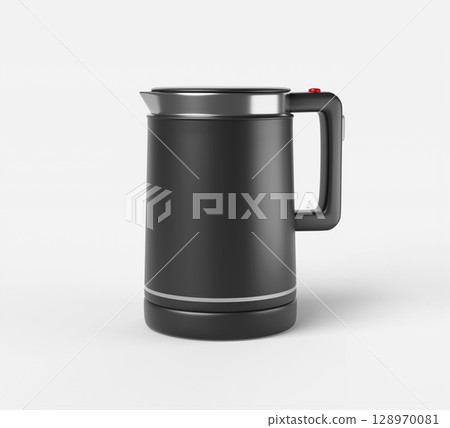 3d plastic electric kettle icon render. Black silver hot water boiler for coffee or tea. Kitchen appliance fast boil, teapot with button, indicator light isolated on white background. 3D illustration 128970081