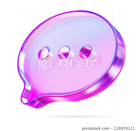 3d glass holographic speech bubble icon with pink purple gradient. Rainbow crystal talk box with text message of dots. Isolated chat, dialog, comment, quote, web notification symbol. 3D illustration 128970121