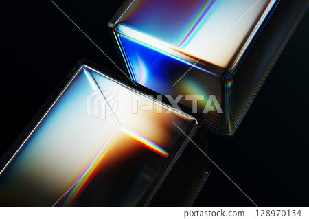Black 3d background with glass chromatic cube block shapes render. Abstract crystal diagonal pattern with rainbow caustic effect, neon light holographic gradient. Digital tech bg. 3D illustration 128970154