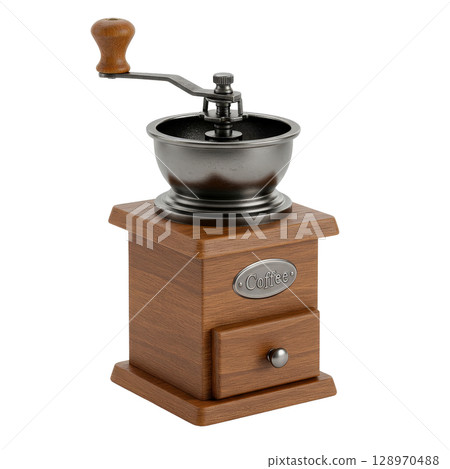 Vintage manual coffee grinder with a wooden body a retro hand crank kitchen utensil 128970488