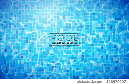 Blue Tiled Pool Top View Background Banner Design with Water Wave and Space for Text. Vector Summer Beach Vacation Travel and Water Sport or Water Polo Illustration for Flyer, Invitation, Brochure 128970607