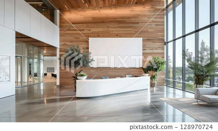 Modern reception area mockup featuring a blank poster frame and city view 128970724