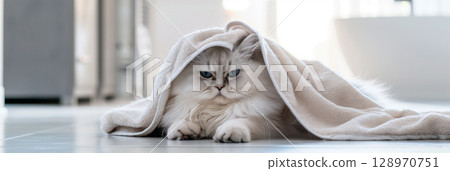 Adorable fluffy cat wrapped in a white towel against a calm gray background 128970751